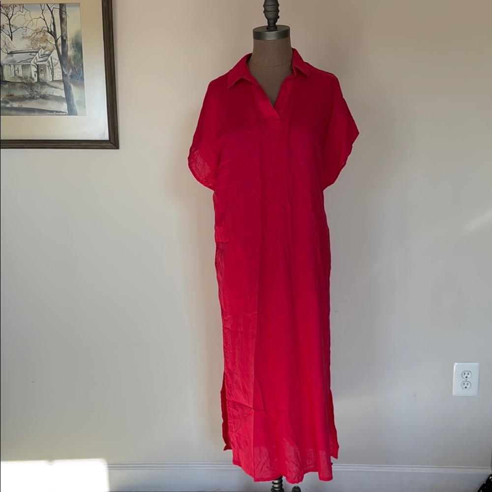 Tahari linen Vibrant Redish Pink Short Sleeve maxi dress in linen